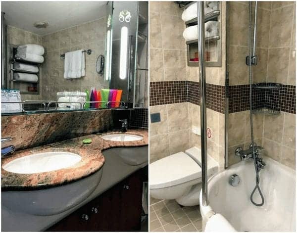 Two photos of Crystal Serenity bathroom - sink area and bathtub