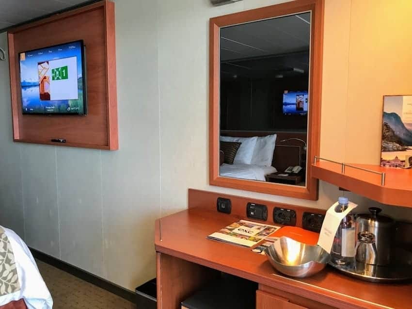 View of Eurodam desk in balcony stateroom