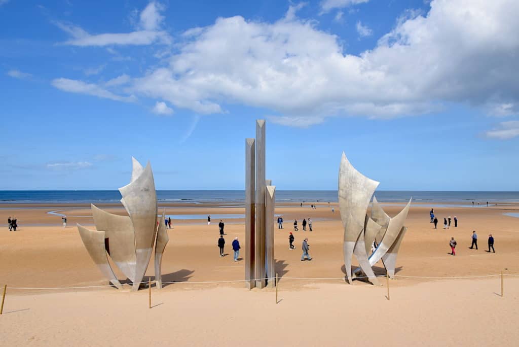 Les Braves Memorial metal sculpture at Omaha Beach war memorial in Normandy, France.