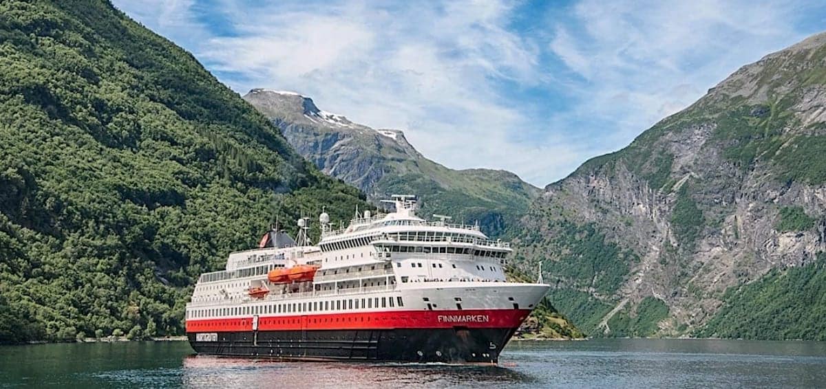 Hurtigruten expedition ship Finnmarken in a Norwegian Fjord