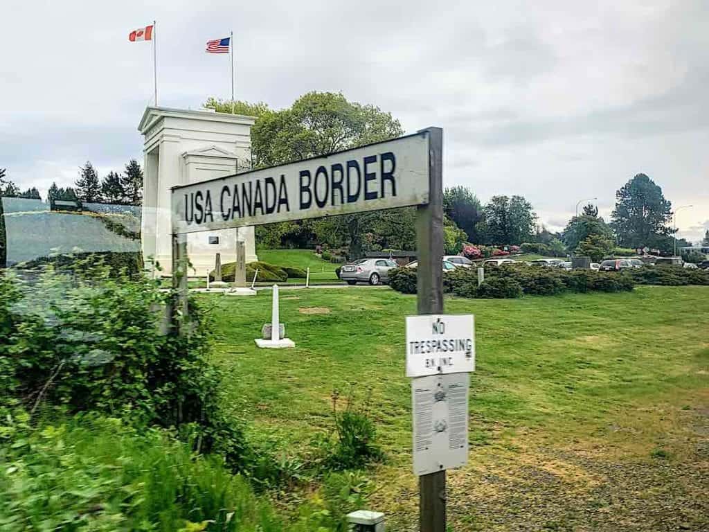 Border crossing sign into Canada on Amtrak