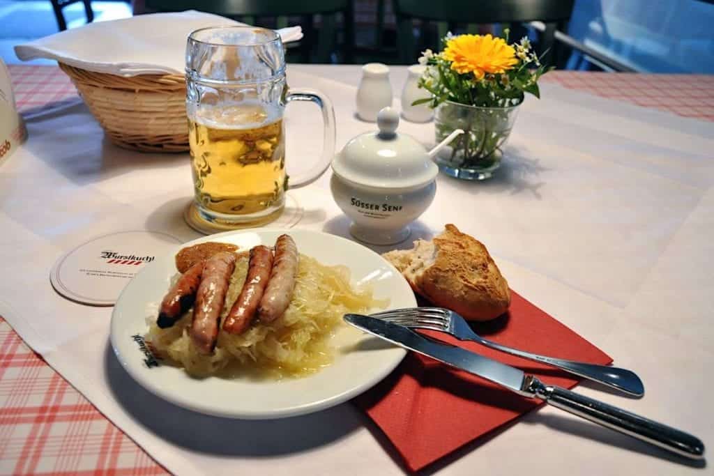 At the oldest sausage restaurant in Germany, Alte Würstküche, in Regensburg.