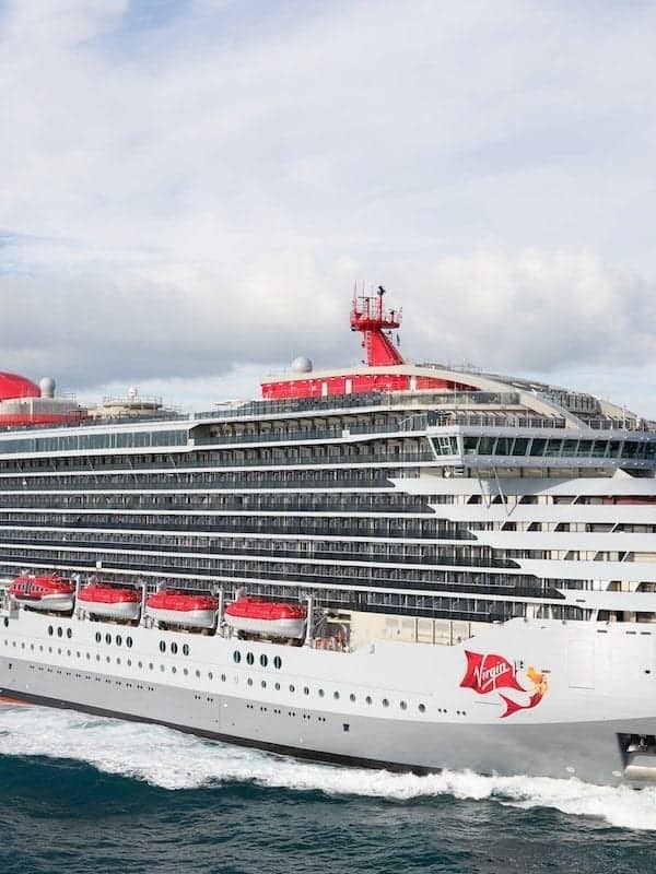 Virgin Voyages' Scarlet Lady cruise ship at sea.