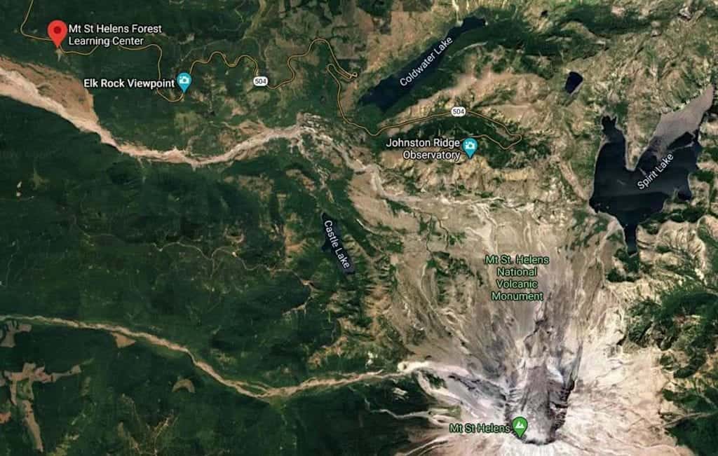 Aerial map of the road to Mount St. Helens