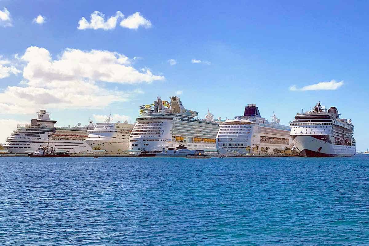 ships docked next to each other in Nassau Harbour, Bahamas.