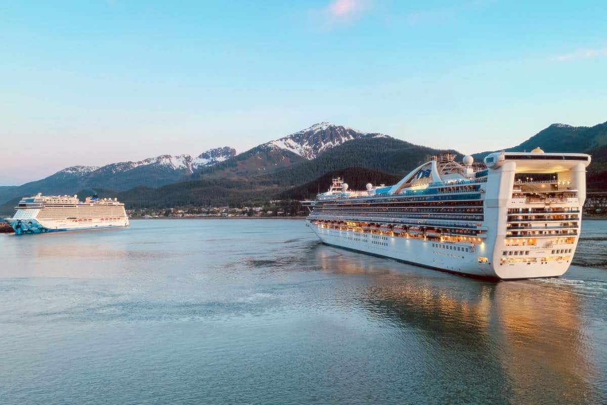 Princess ship leaves Juneau Alaska at sunset.