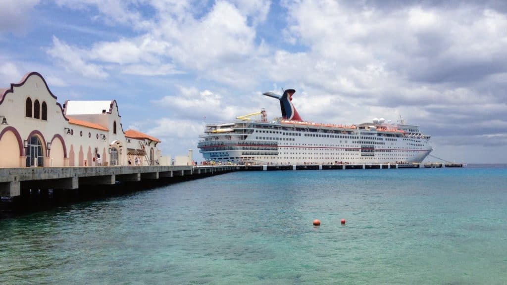 Puerta Maya Cruise Pier in Cozumel Mexico with Carnival ship.