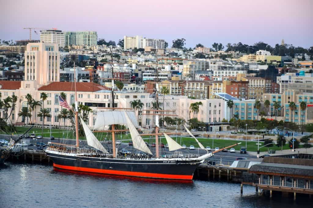 San Diego Harbor with view of Star of India sailing ship.