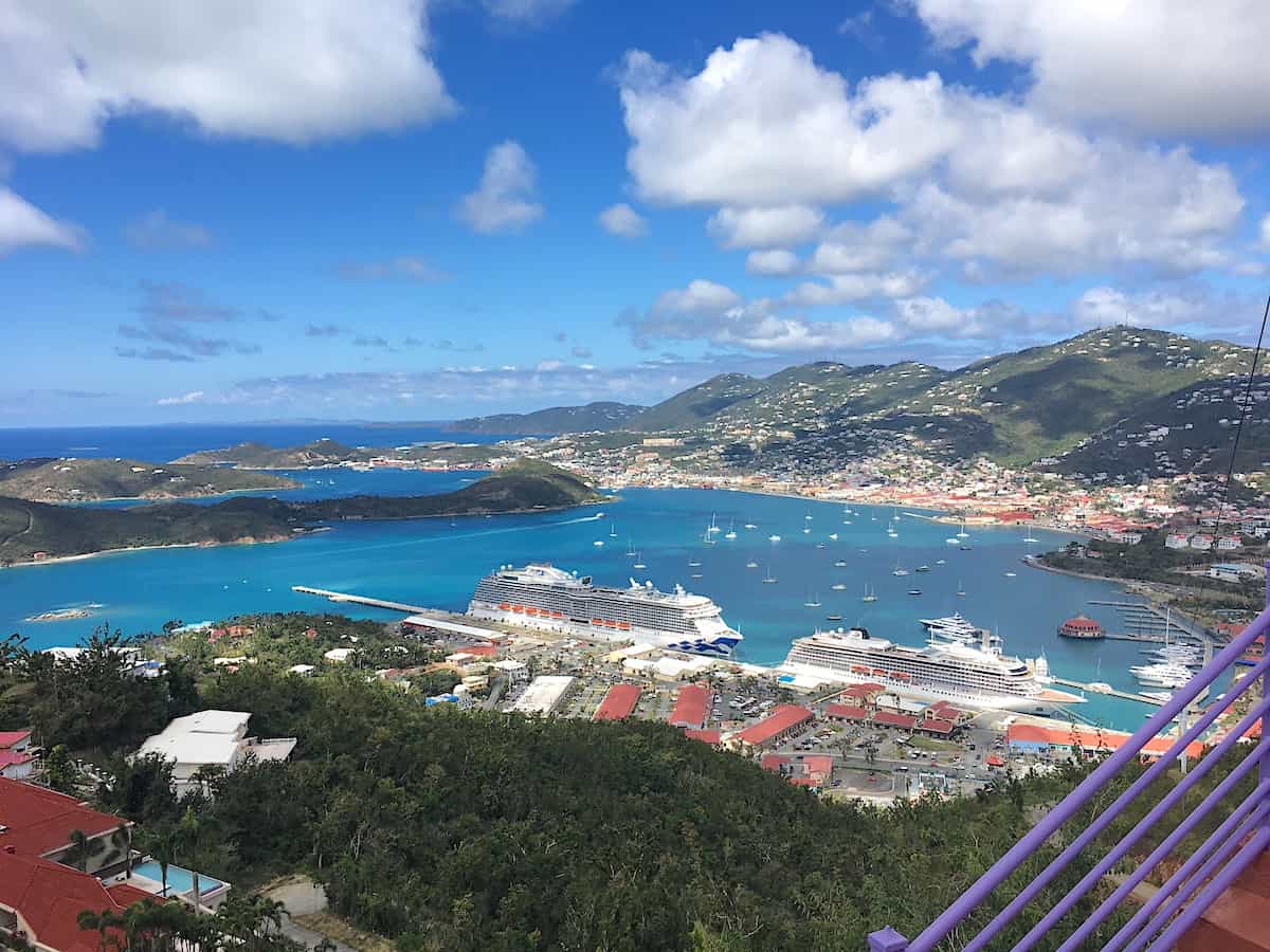 View of St. Thomas harbor from the skyride at the top of paradise point.