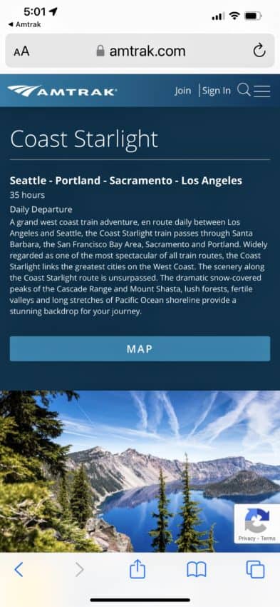 Amtrak App example page