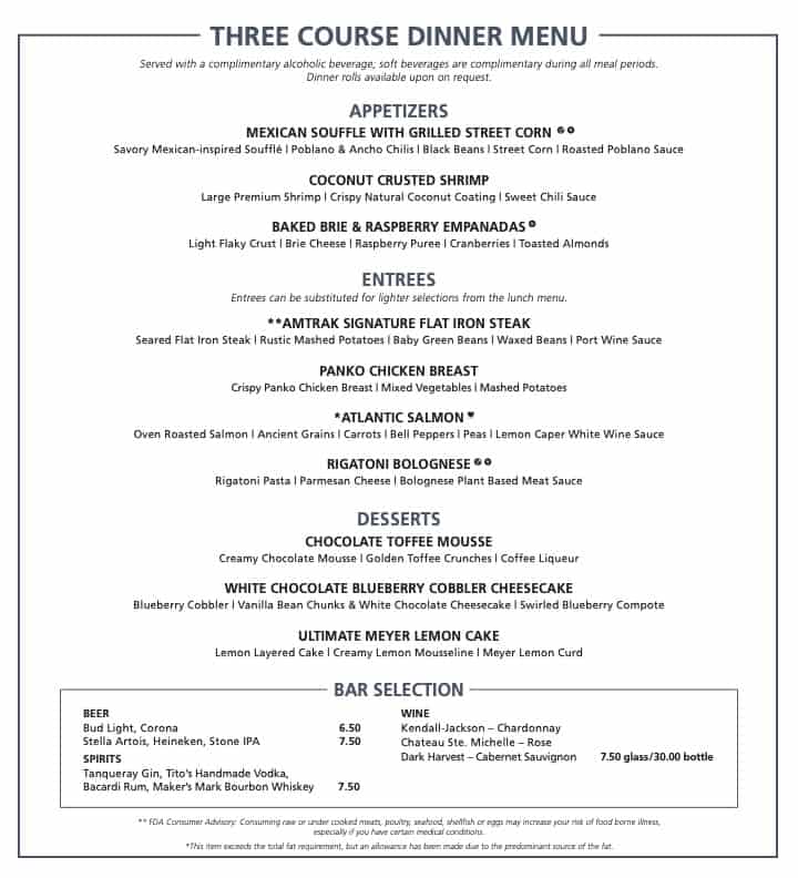 Amtrak three-course Dinner Menu.