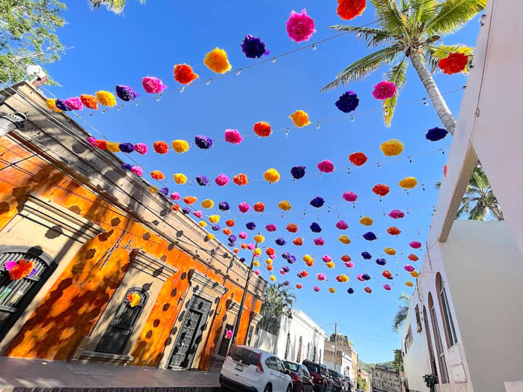 Dia de los Muertos festive flags in Todos Santos