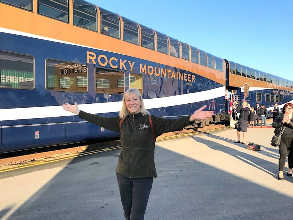 Sherry boarding Rocky Mountaineer luxury train in Vancouver.