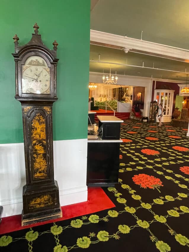 Grand Hotel Lobby and historic grandfather clock.