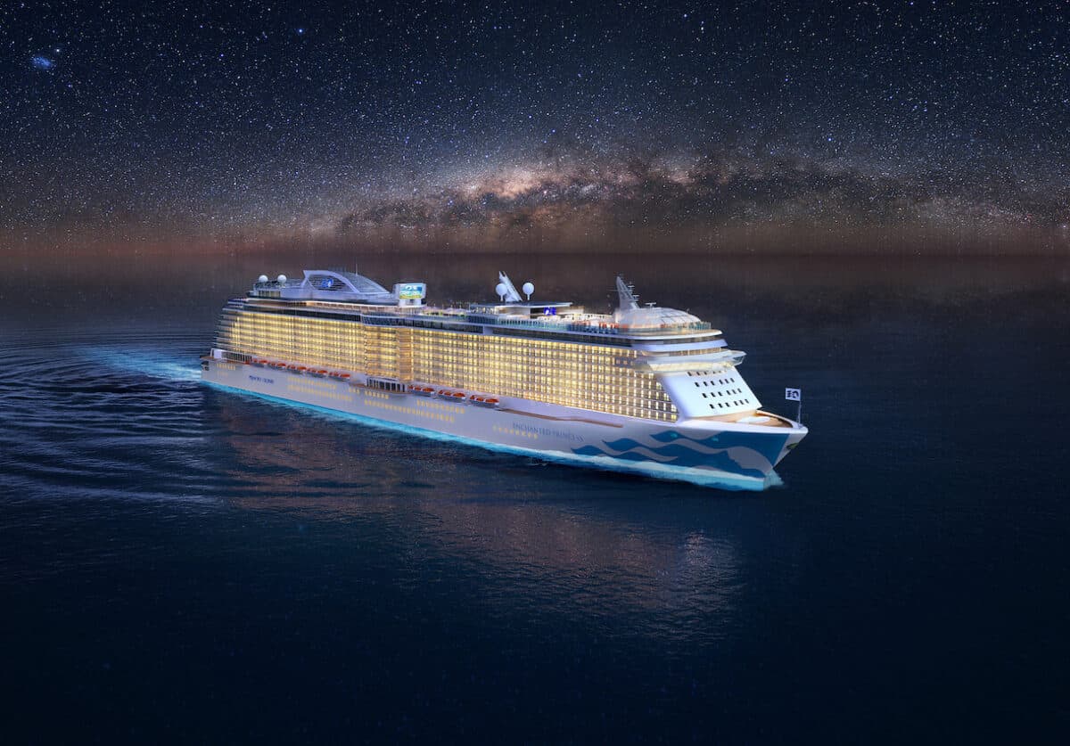 Rendering of Princess Cruises new Star Princess cruise ship at sea at night. 