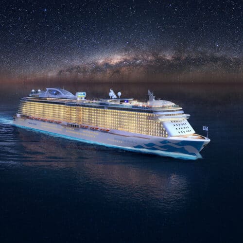Princess cruise ship at sea at night.