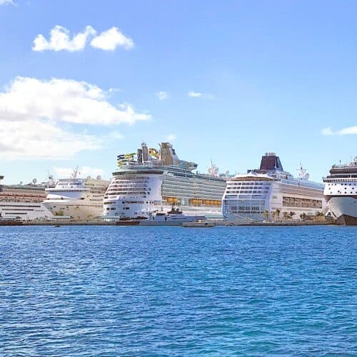 Cruise ships docked in Nassau, Bahamas harbor.