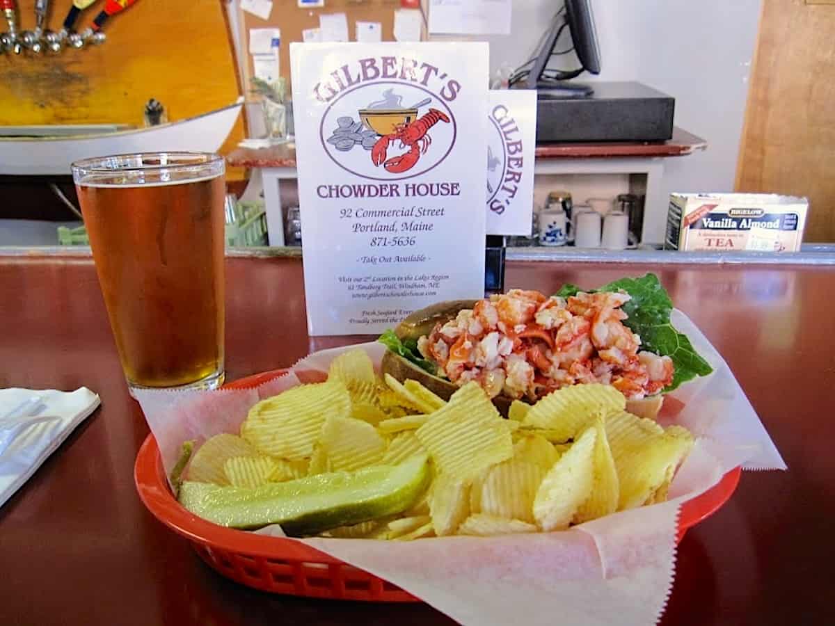 Lobster salad with chips and a beer.