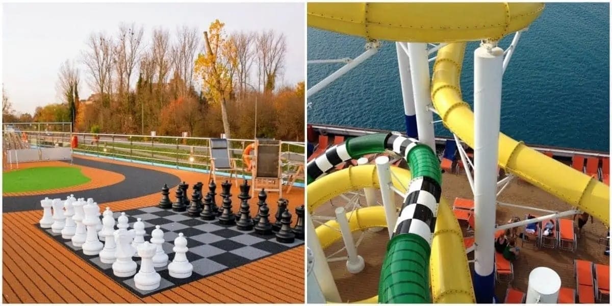 Life-size chess set on river boat and water slides on big ships.