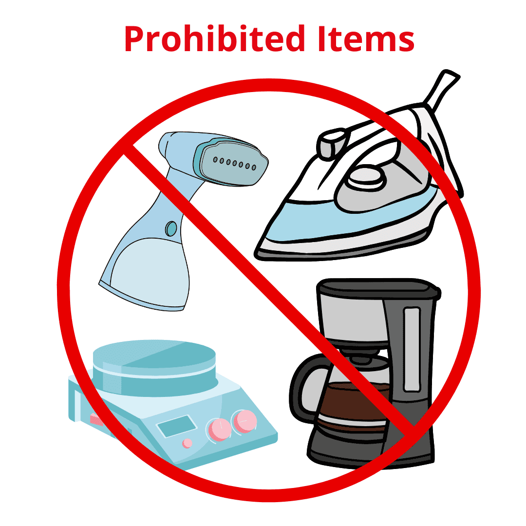 Prohibited electrical items not allowed on cruise ships, include steamers, irons, hot plates, and coffee makers Prohibited electrical items not allowed on cruise ships, include steamers, irons, hot plates, and coffee makers