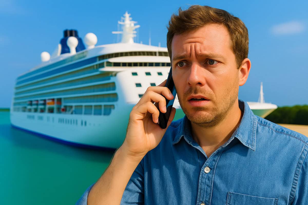 Worried Cruise Passenger on the Phone Worried Cruise Passenger on the Phone