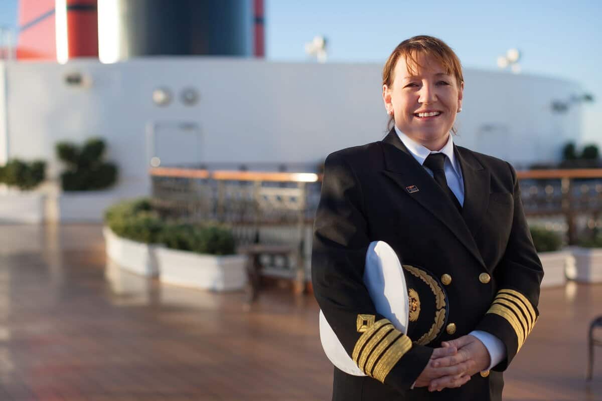 Captain Inger Klein Thorhauge, Cunard's first female cruise ship captain, on the bridge of Queen Anne