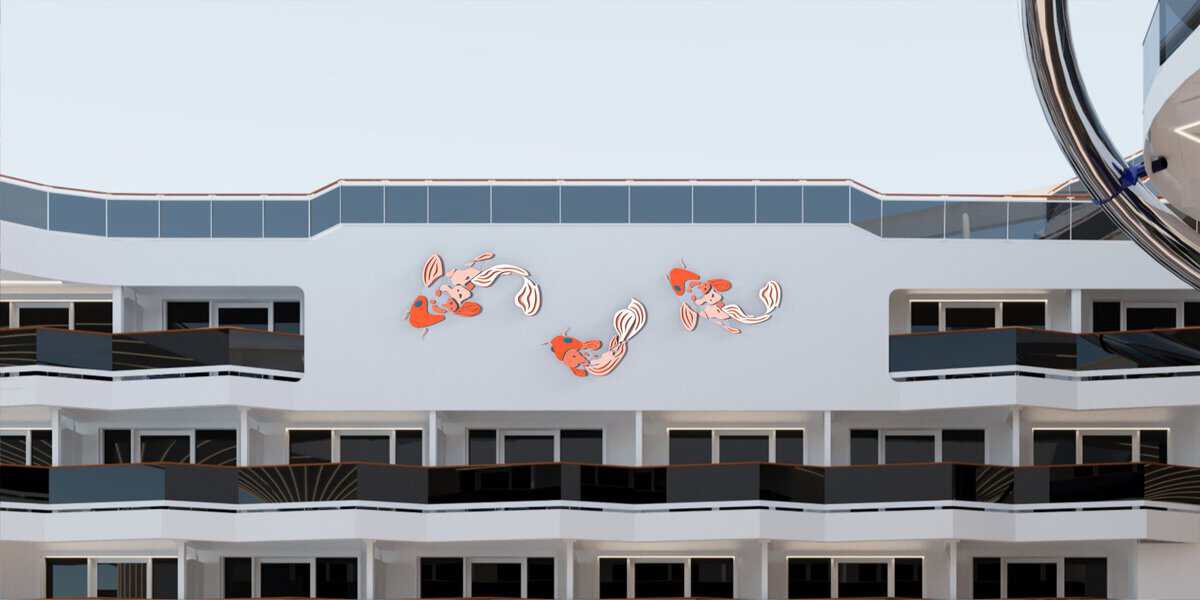 Large koi fish sculptures by David Harber on display in the MSC World Asia promenade