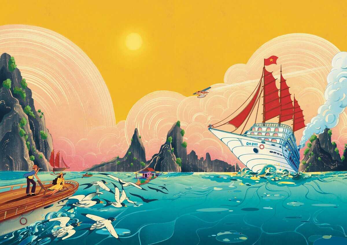 Artwork by Vietnamese artist Hoan Phan featuring Ha Long Bay, displayed on MSC World Asia
