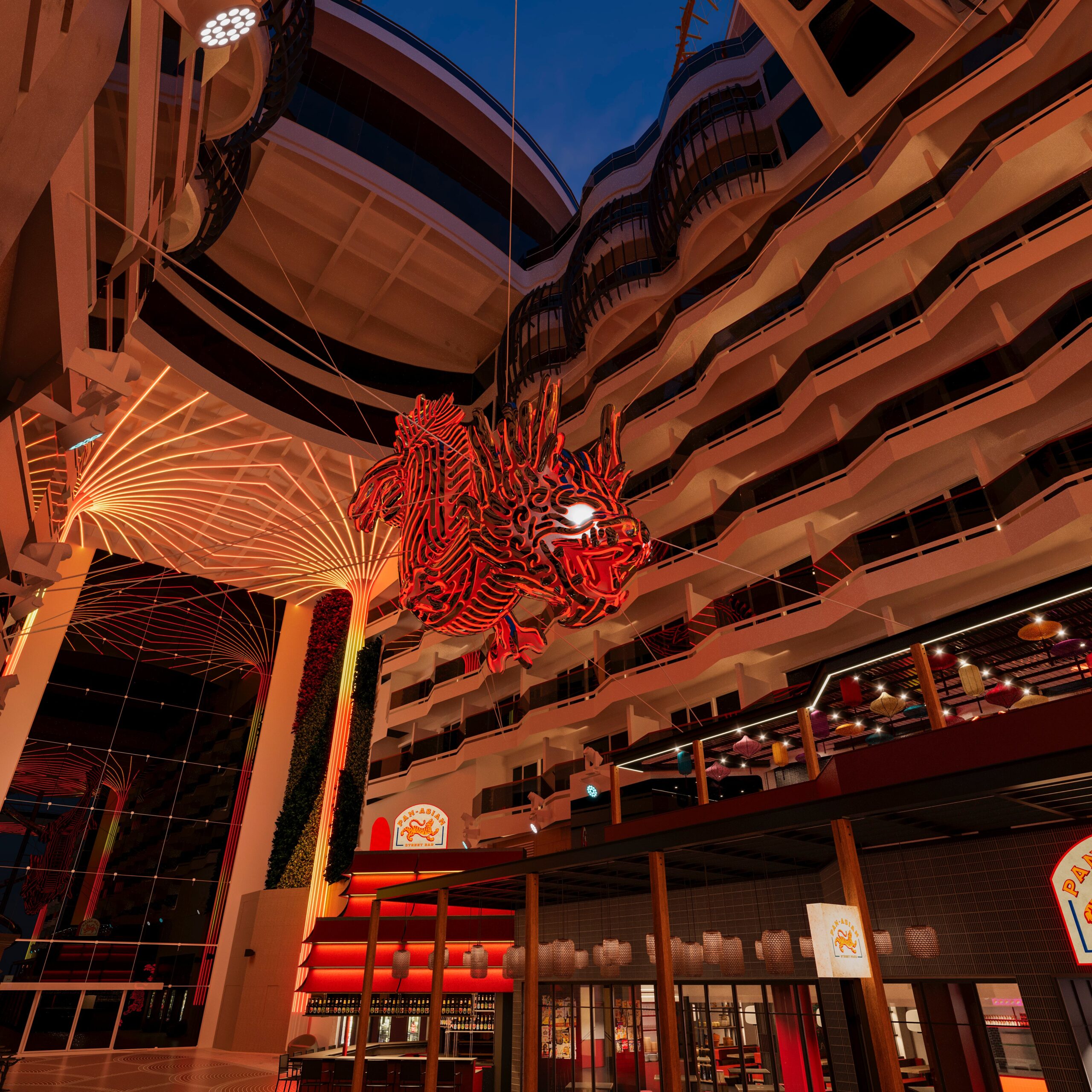 A giant dragon sculpture will greet guests in the World Promenade of MSC World Asia