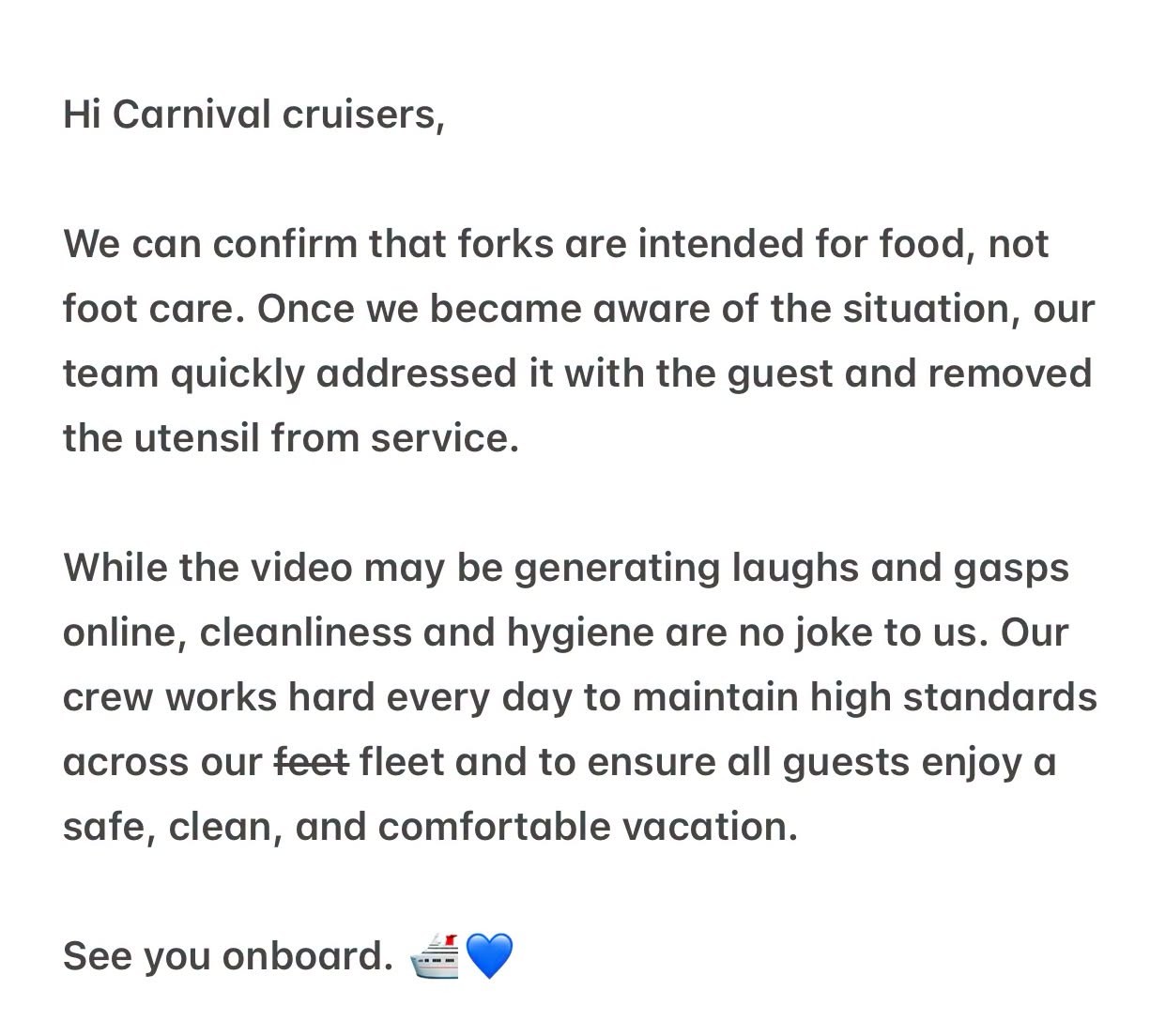 Carnival responds to video of guest scratching foot with fork